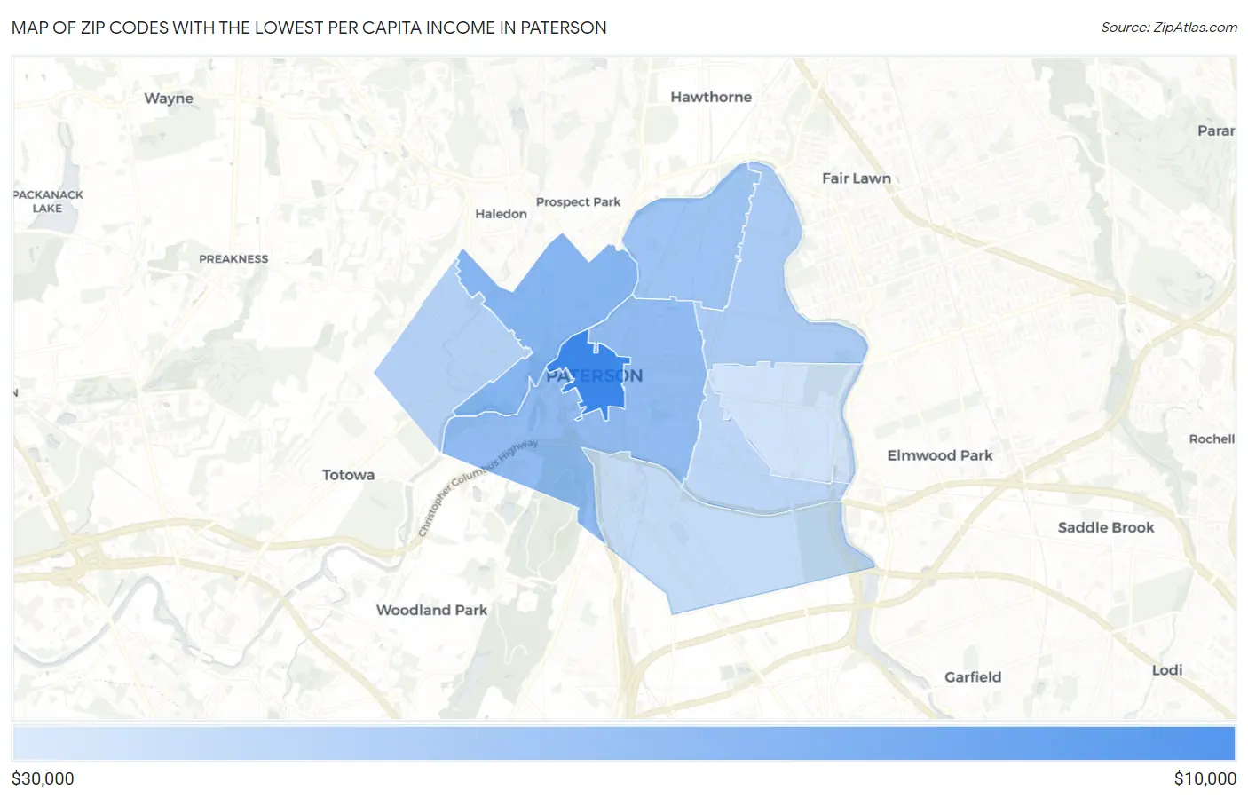 Zip Codes with the Lowest Per Capita Income in Paterson Map