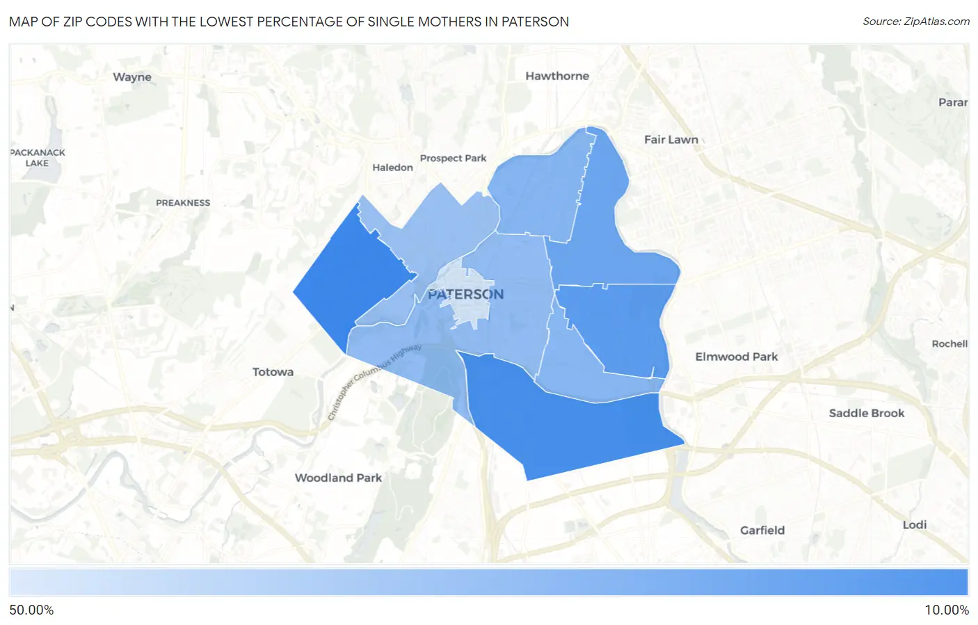 Zip Codes with the Lowest Percentage of Single Mothers in Paterson Map