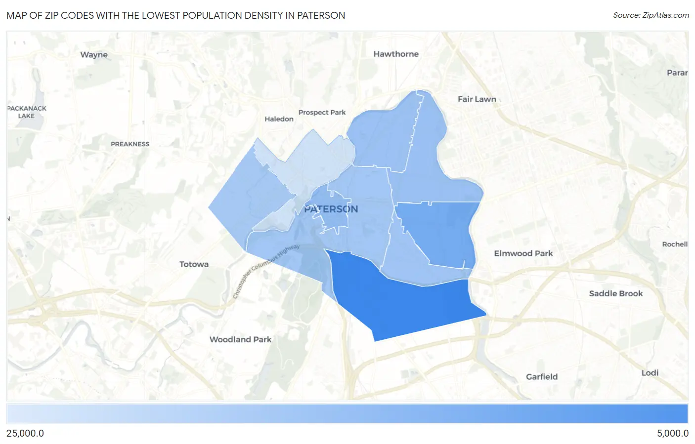 Zip Codes with the Lowest Population Density in Paterson Map