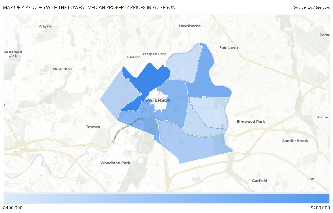 Zip Codes with the Lowest Median Property Prices in Paterson Map