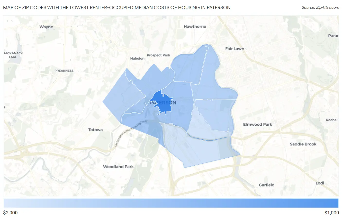 Zip Codes with the Lowest Renter-Occupied Median Costs of Housing in Paterson Map