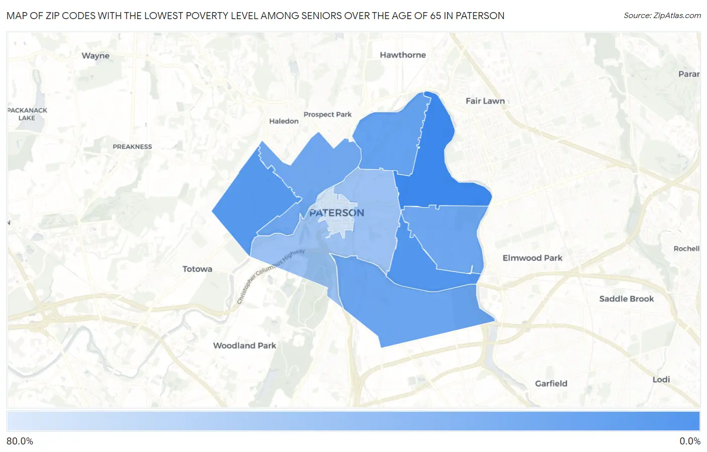 Zip Codes with the Lowest Poverty Level Among Seniors Over the Age of 65 in Paterson Map
