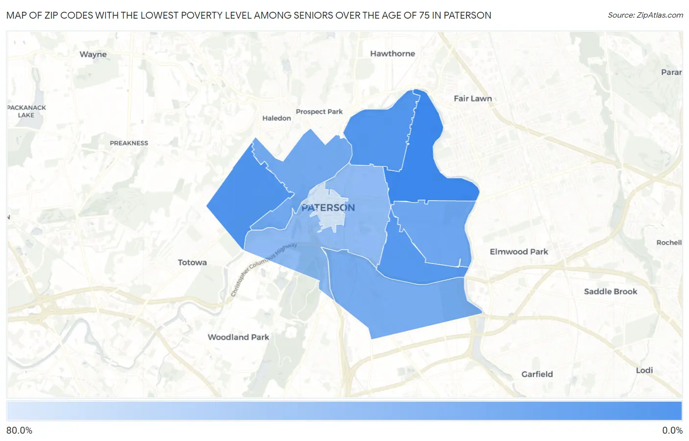 Zip Codes with the Lowest Poverty Level Among Seniors Over the Age of 75 in Paterson Map