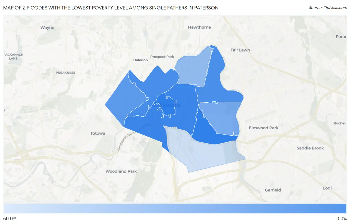 Zip Codes with the Lowest Poverty Level Among Single Fathers in Paterson Map
