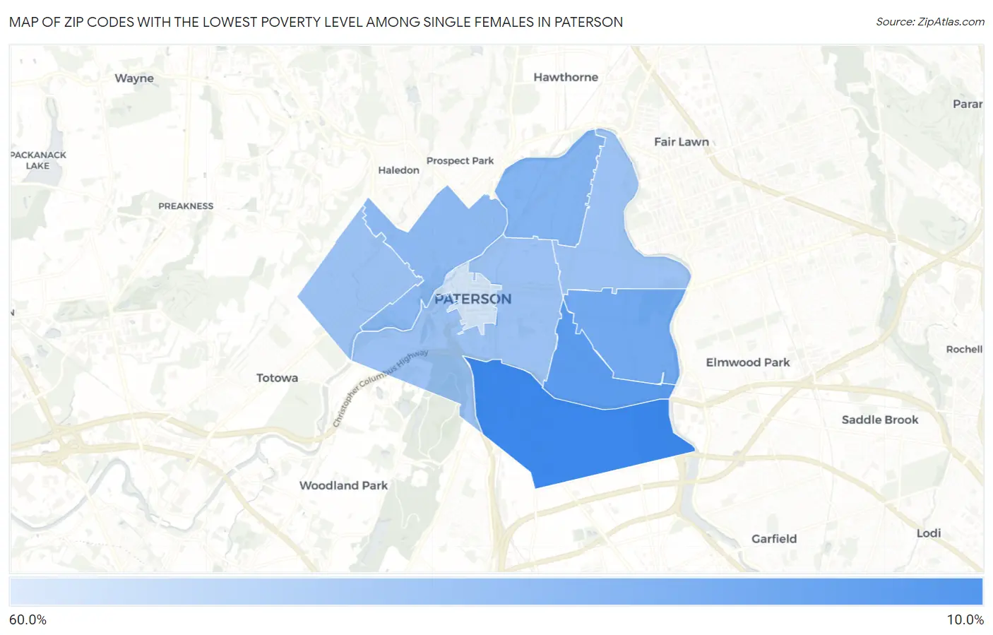 Zip Codes with the Lowest Poverty Level Among Single Females in Paterson Map