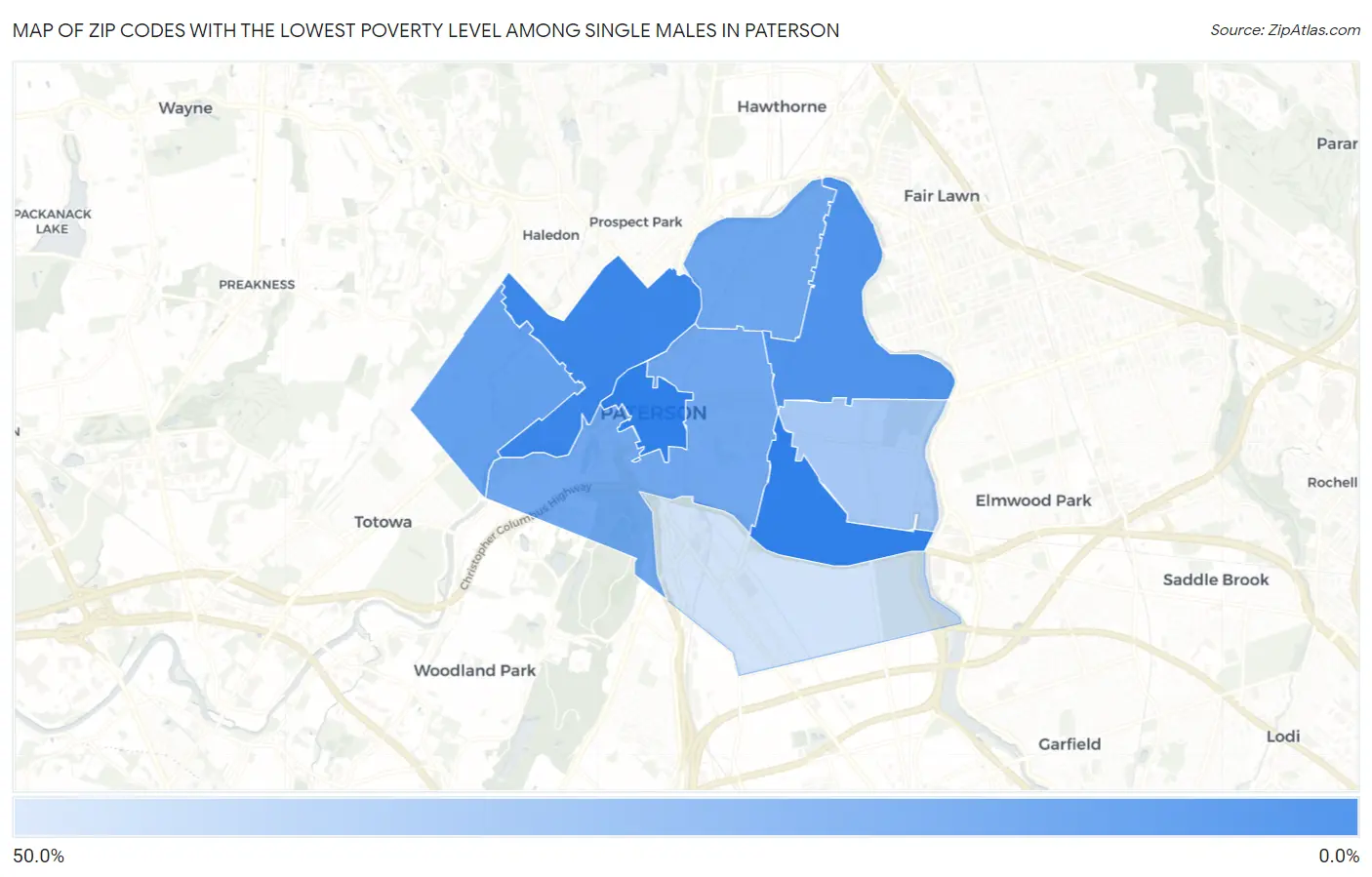 Zip Codes with the Lowest Poverty Level Among Single Males in Paterson Map