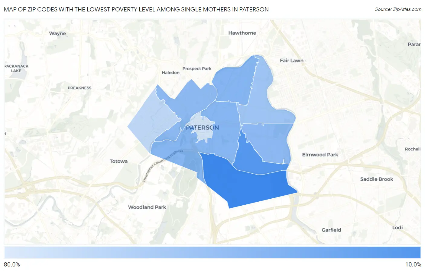 Zip Codes with the Lowest Poverty Level Among Single Mothers in Paterson Map