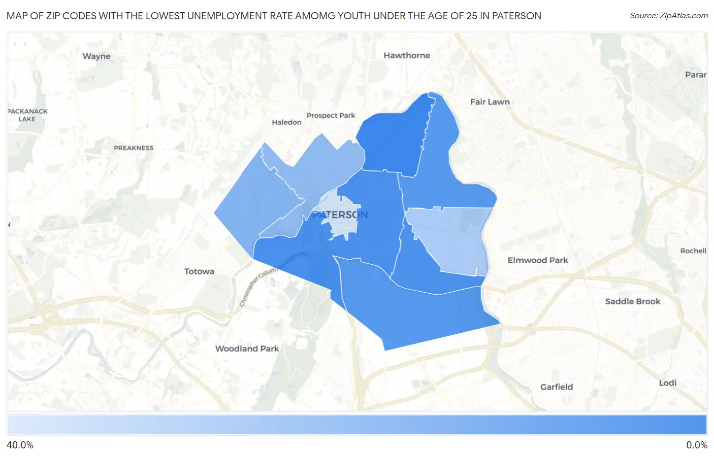 Zip Codes with the Lowest Unemployment Rate Amomg Youth Under the Age of 25 in Paterson Map