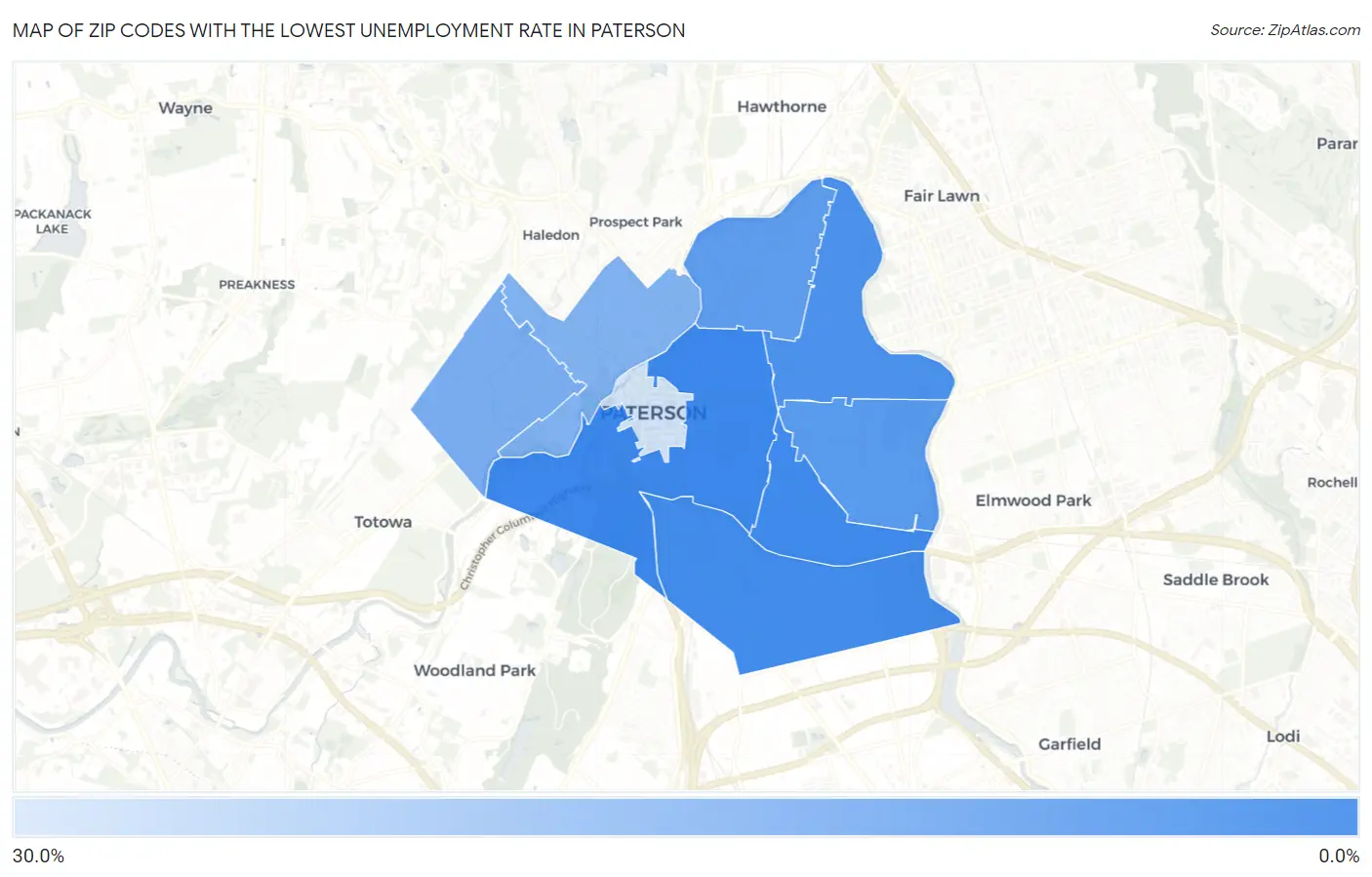 Zip Codes with the Lowest Unemployment Rate in Paterson Map