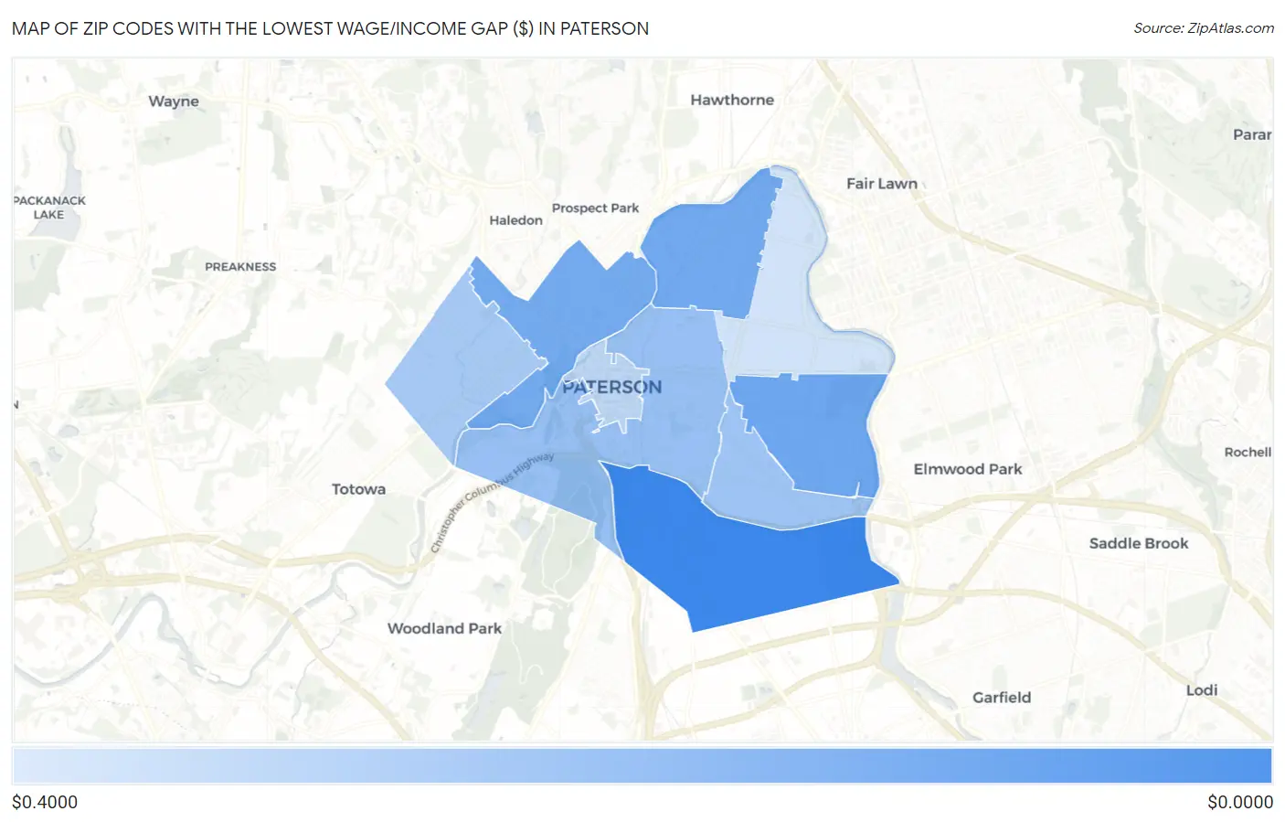 Zip Codes with the Lowest Wage/Income Gap ($) in Paterson Map