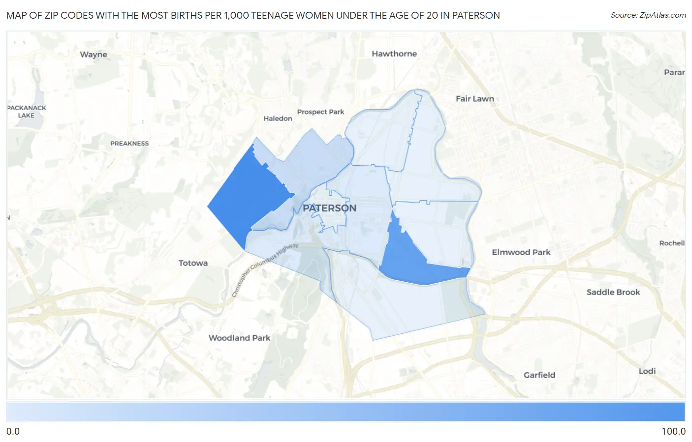 Zip Codes with the Most Births per 1,000 Teenage Women Under the Age of 20 in Paterson Map