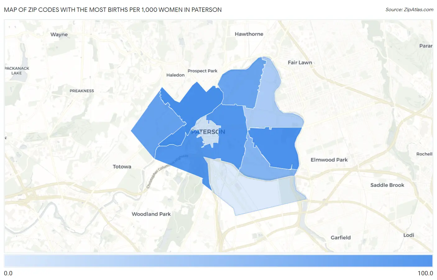 Zip Codes with the Most Births per 1,000 Women in Paterson Map