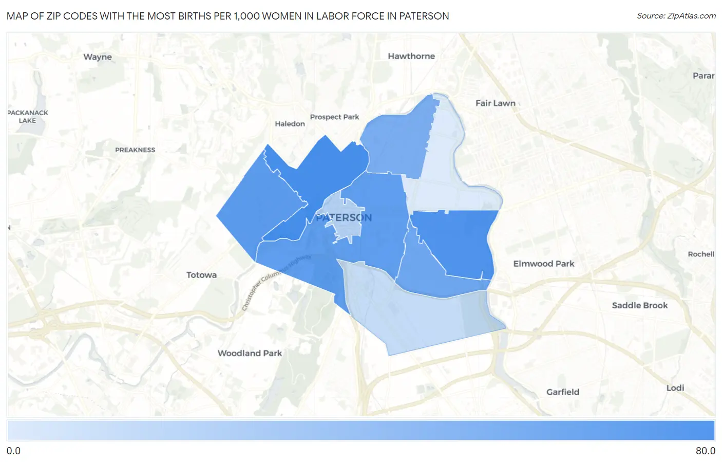 Zip Codes with the Most Births per 1,000 Women in Labor Force in Paterson Map