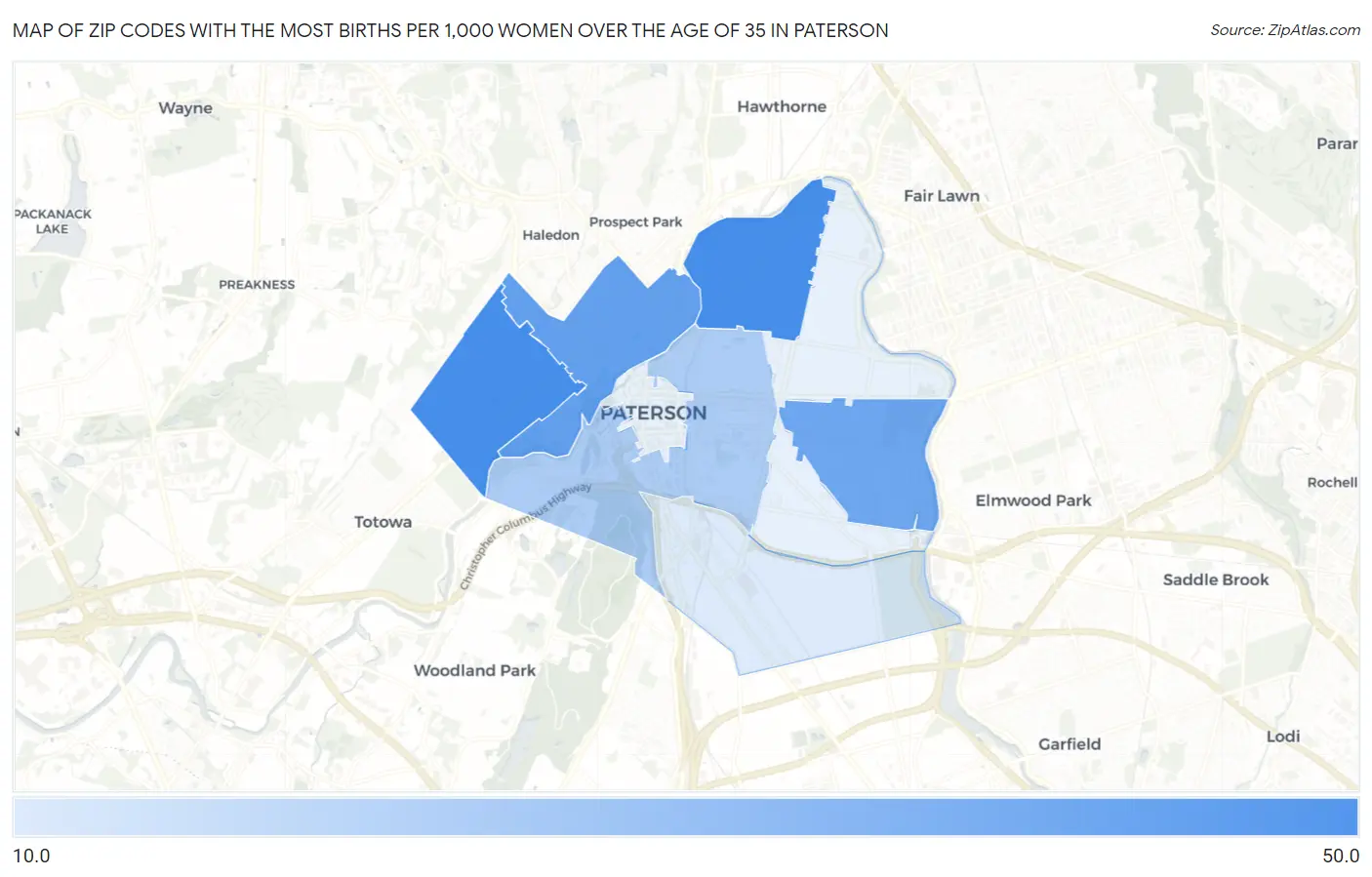 Zip Codes with the Most Births per 1,000 Women Over the Age of 35 in Paterson Map