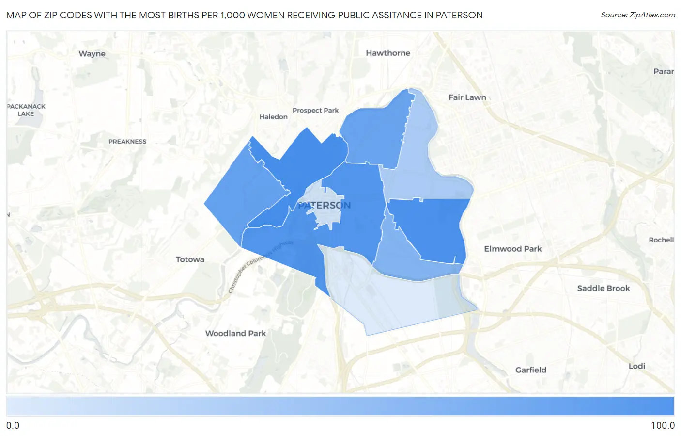 Zip Codes with the Most Births per 1,000 Women Receiving Public Assitance in Paterson Map