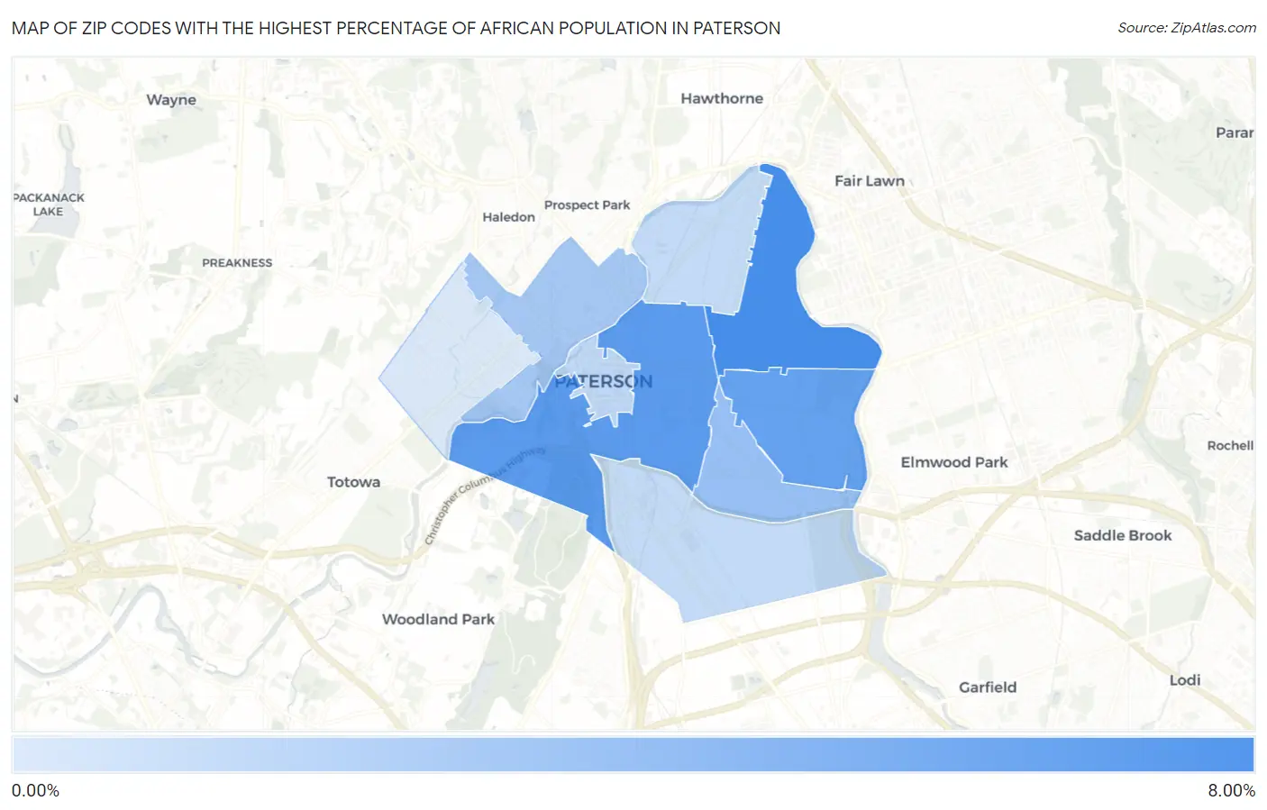 Zip Codes with the Highest Percentage of African Population in Paterson Map