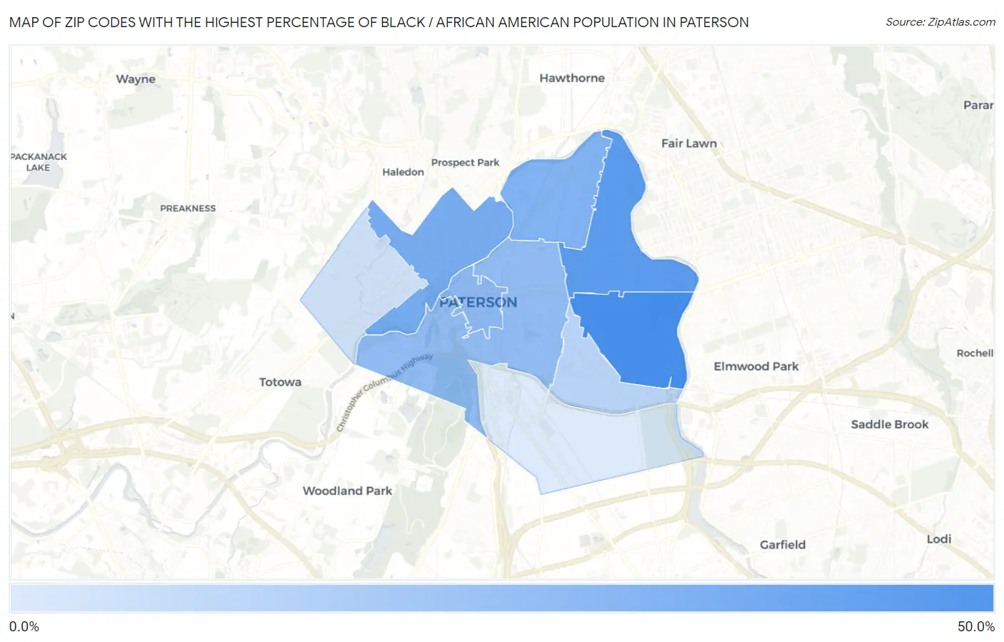 Zip Codes with the Highest Percentage of Black / African American Population in Paterson Map