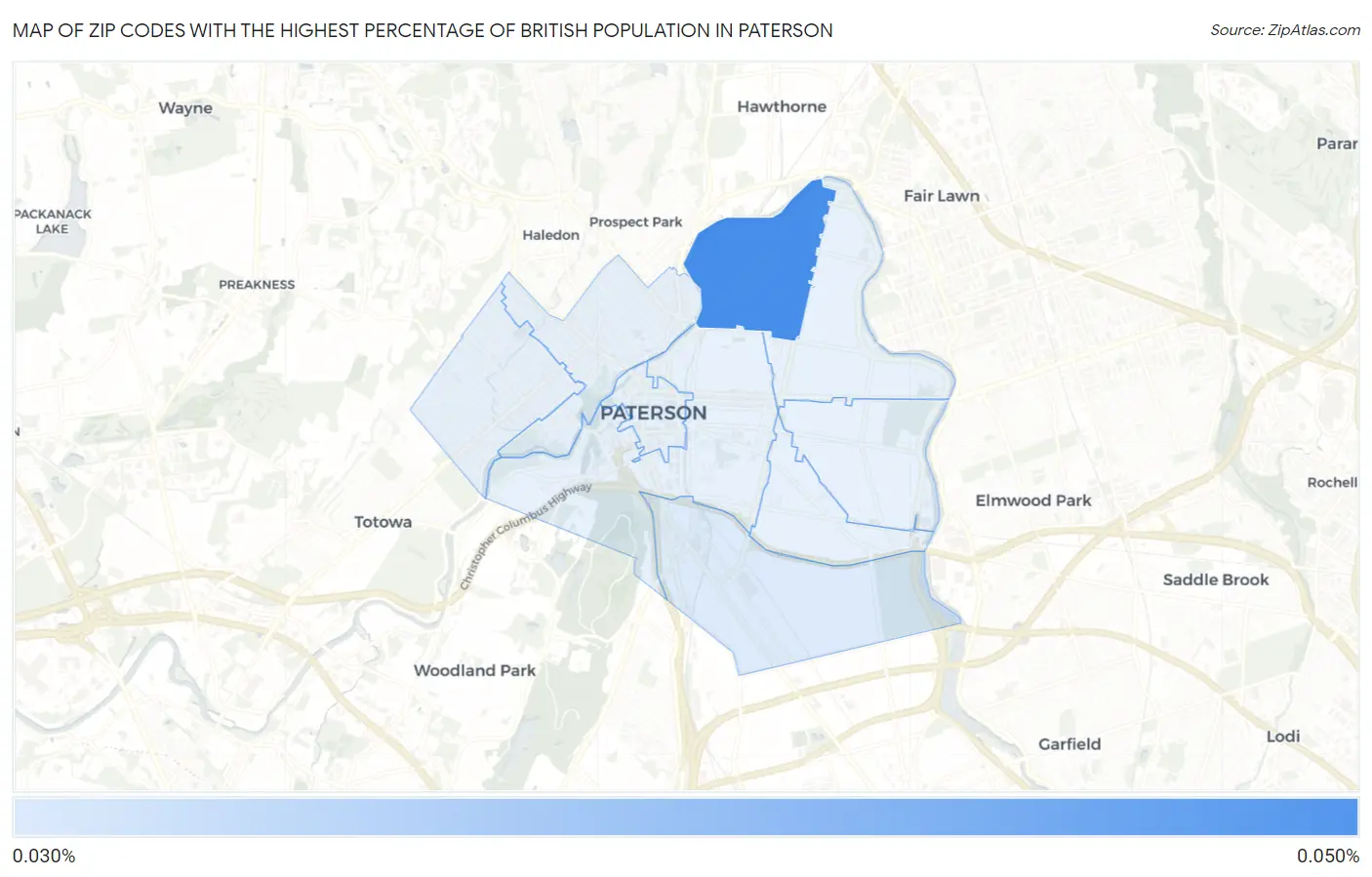 Zip Codes with the Highest Percentage of British Population in Paterson Map