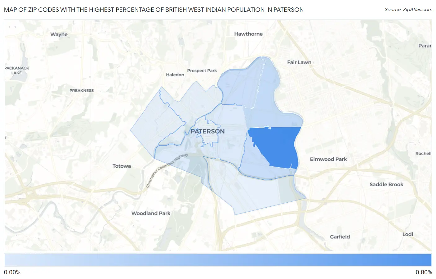 Zip Codes with the Highest Percentage of British West Indian Population in Paterson Map