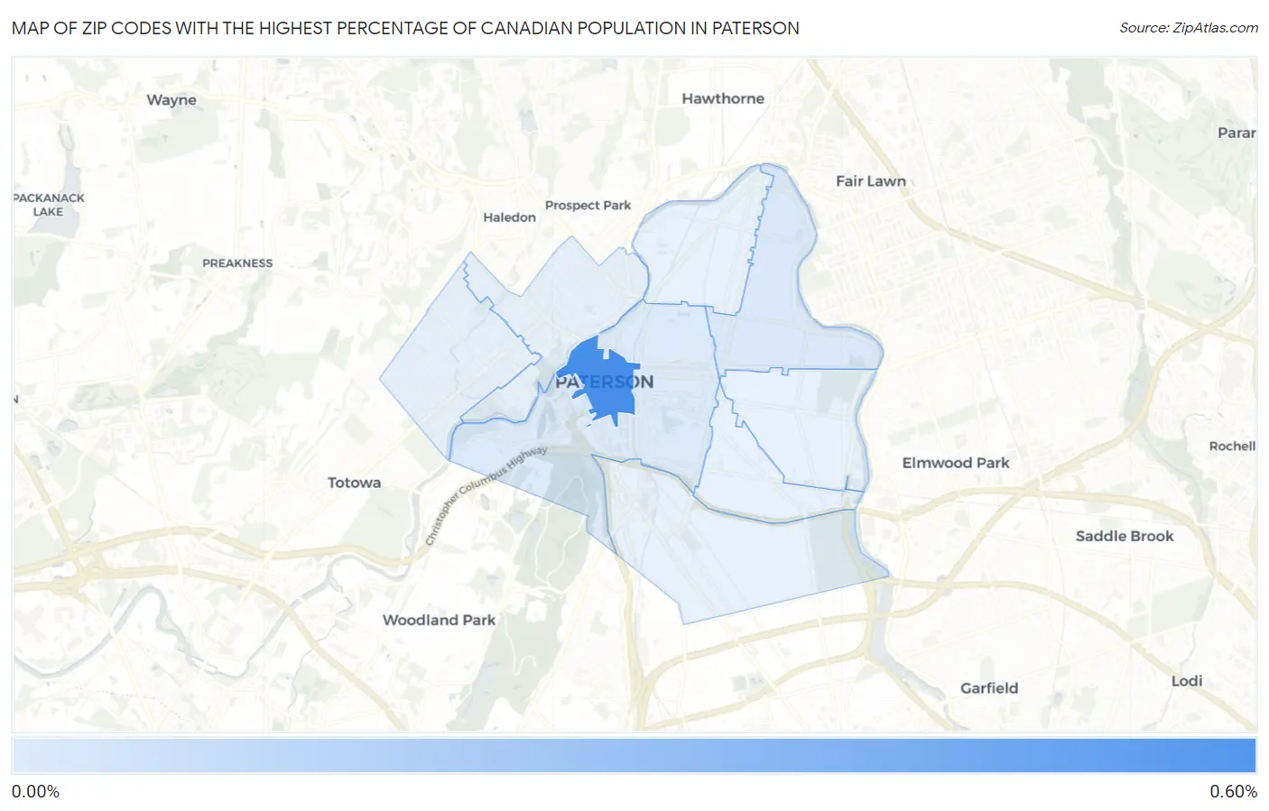 Zip Codes with the Highest Percentage of Canadian Population in Paterson Map