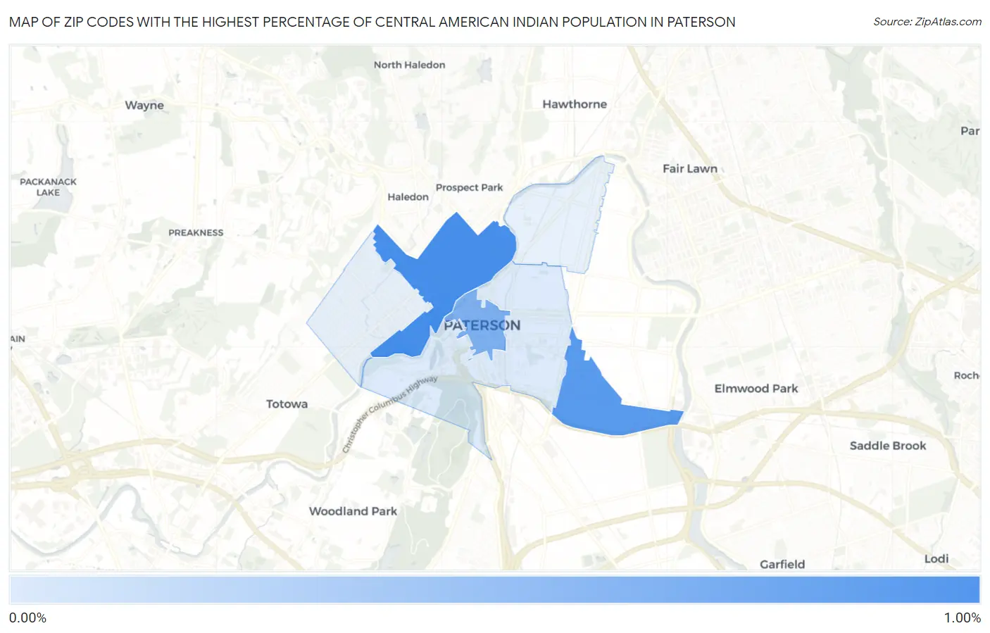 Zip Codes with the Highest Percentage of Central American Indian Population in Paterson Map