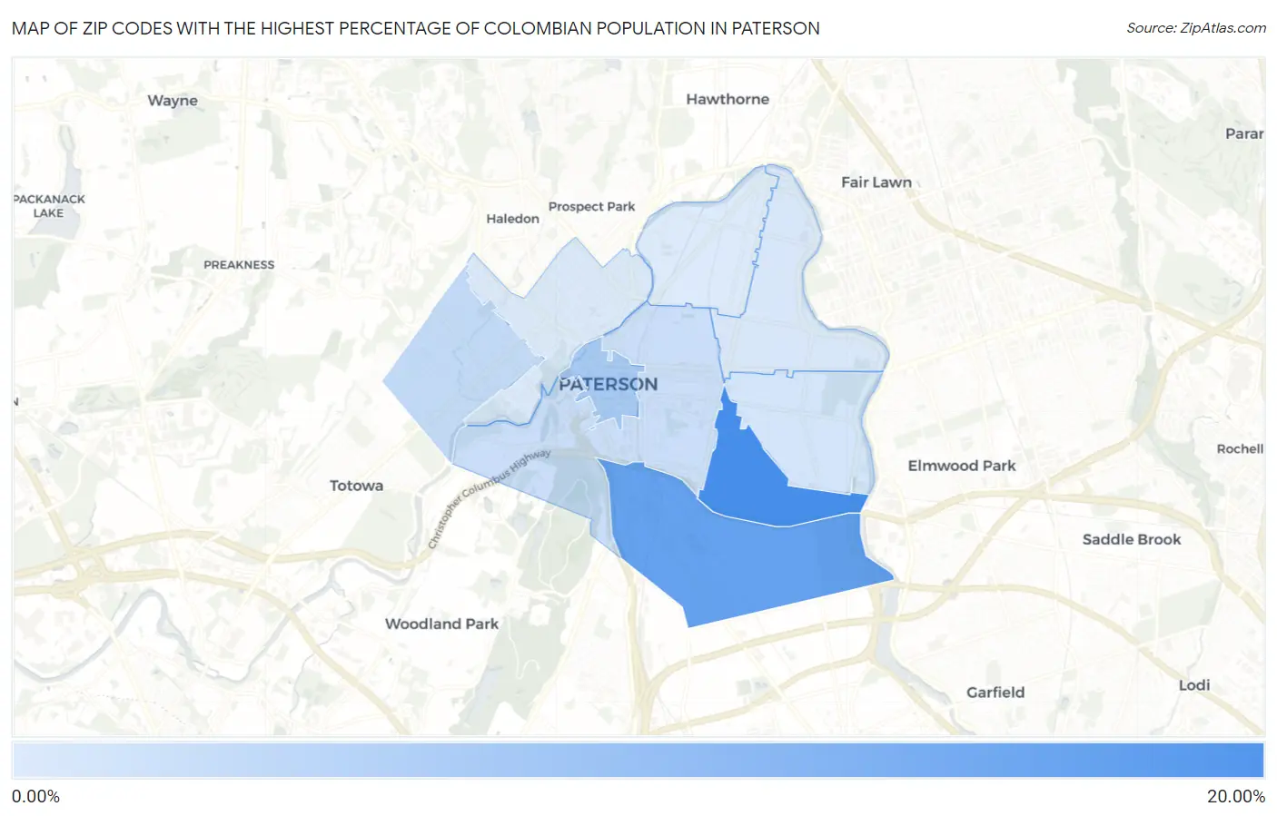 Zip Codes with the Highest Percentage of Colombian Population in Paterson Map