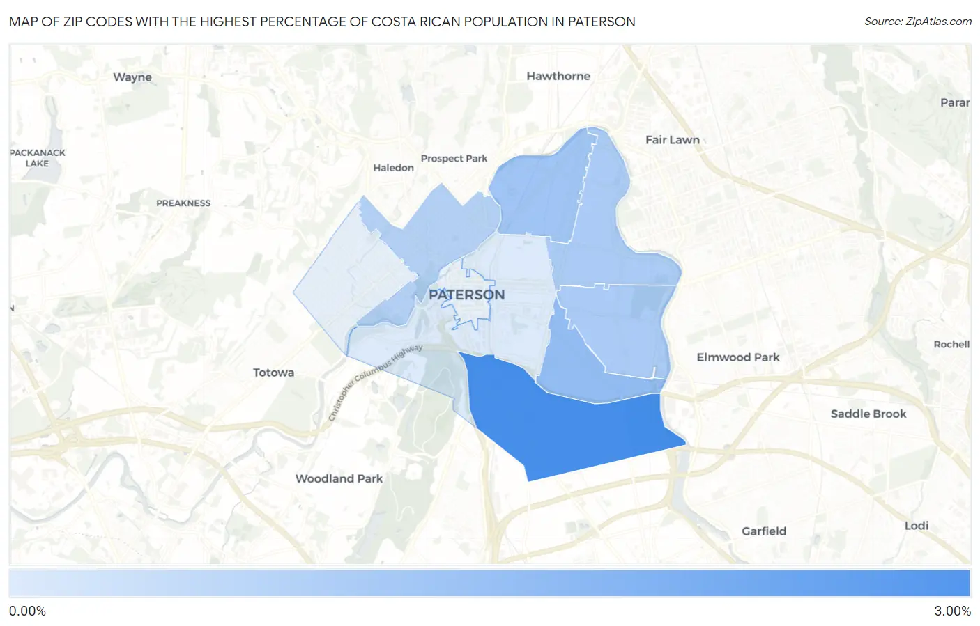 Zip Codes with the Highest Percentage of Costa Rican Population in Paterson Map