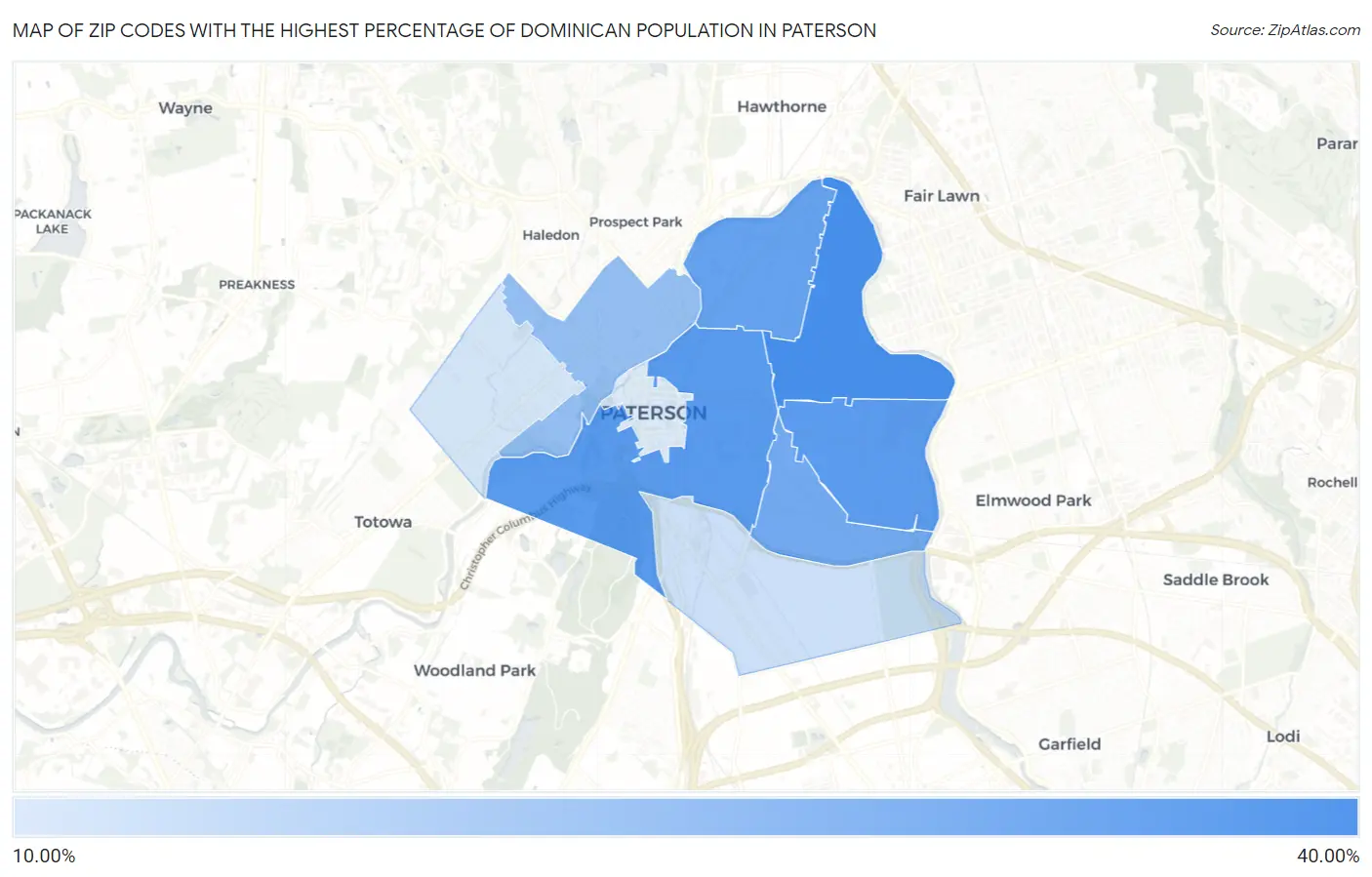 Zip Codes with the Highest Percentage of Dominican Population in Paterson Map