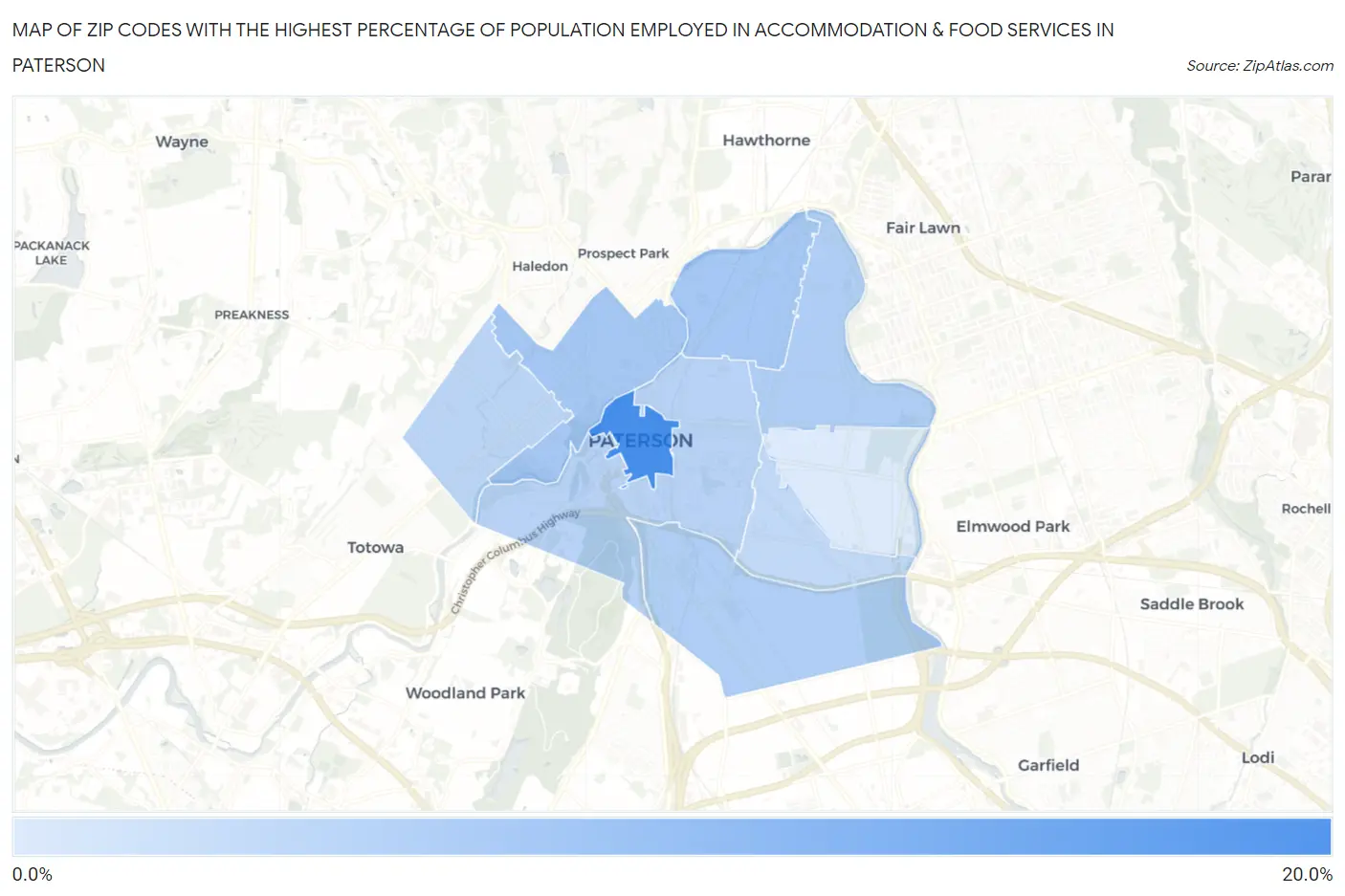 Zip Codes with the Highest Percentage of Population Employed in Accommodation & Food Services in Paterson Map