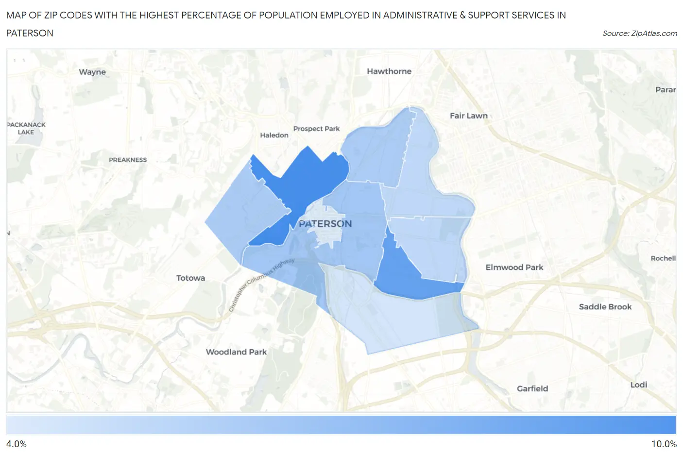 Zip Codes with the Highest Percentage of Population Employed in Administrative & Support Services in Paterson Map