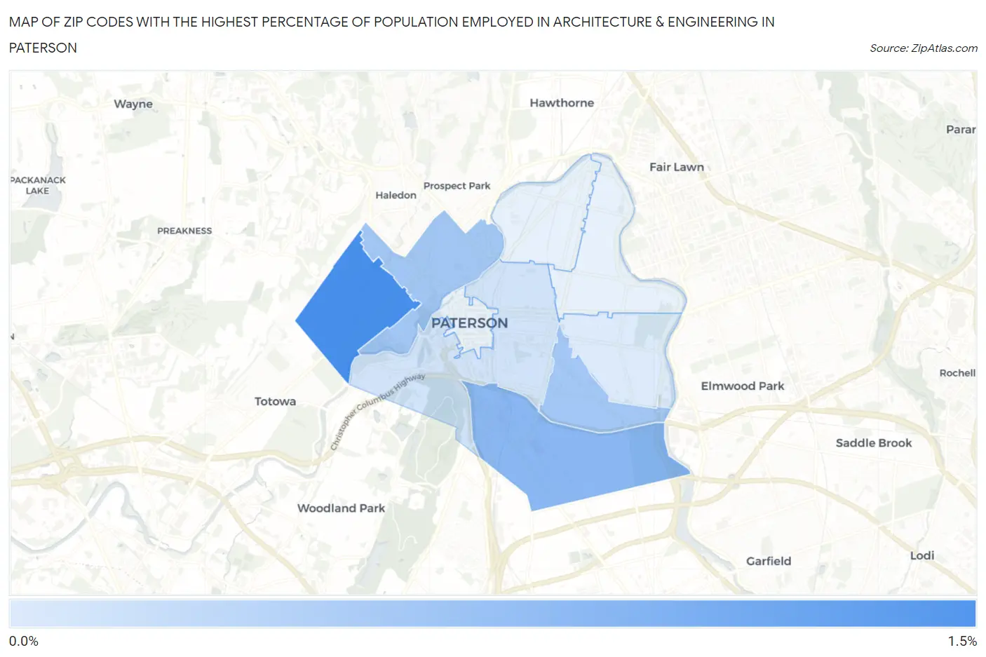 Zip Codes with the Highest Percentage of Population Employed in Architecture & Engineering in Paterson Map