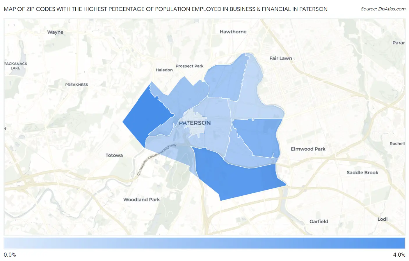 Zip Codes with the Highest Percentage of Population Employed in Business & Financial in Paterson Map