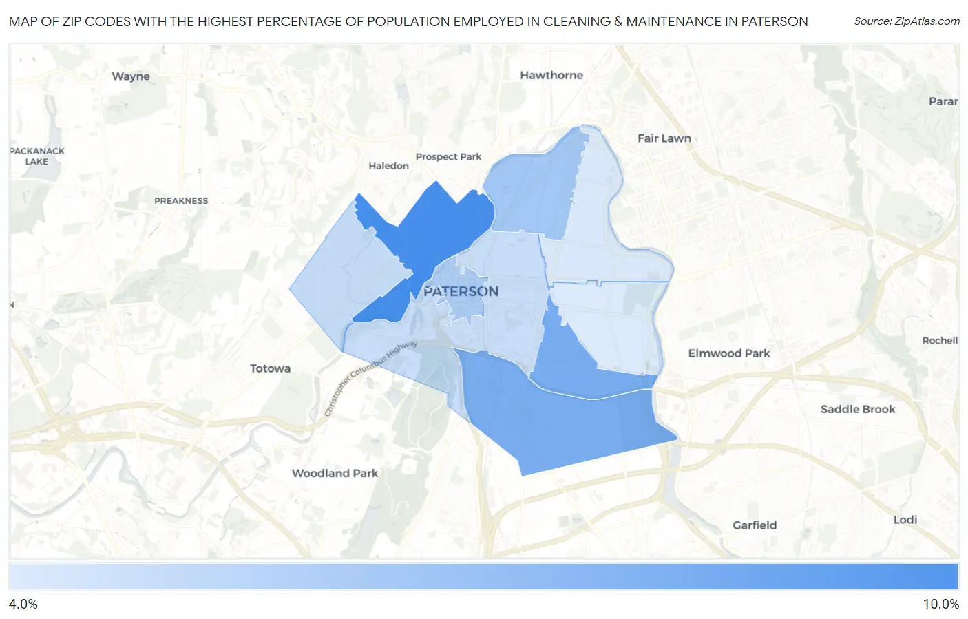 Zip Codes with the Highest Percentage of Population Employed in Cleaning & Maintenance in Paterson Map