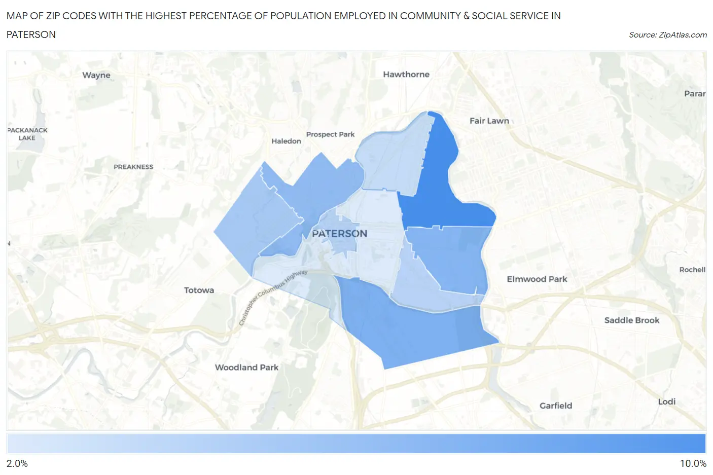Zip Codes with the Highest Percentage of Population Employed in Community & Social Service  in Paterson Map