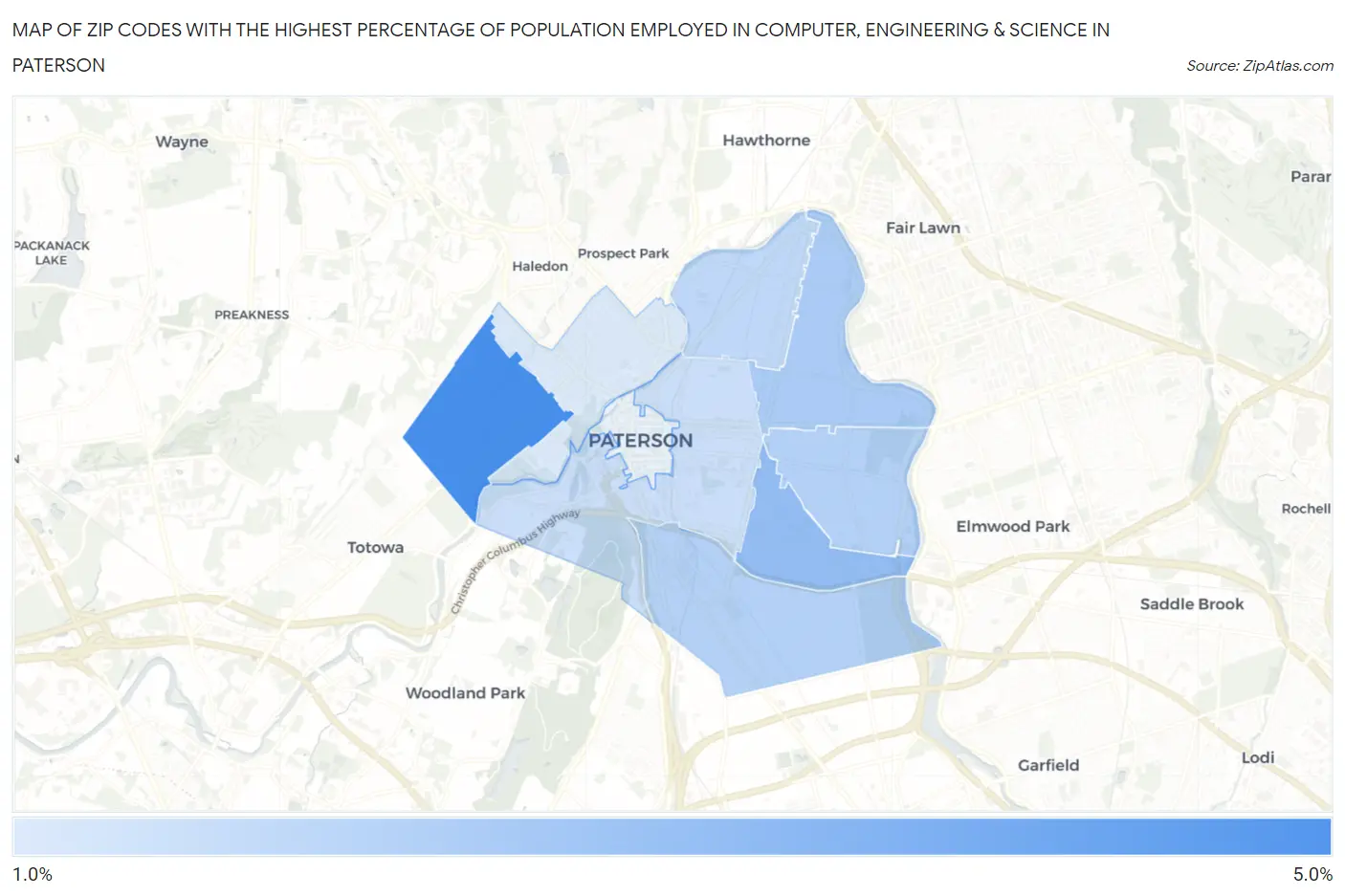Zip Codes with the Highest Percentage of Population Employed in Computer, Engineering & Science in Paterson Map