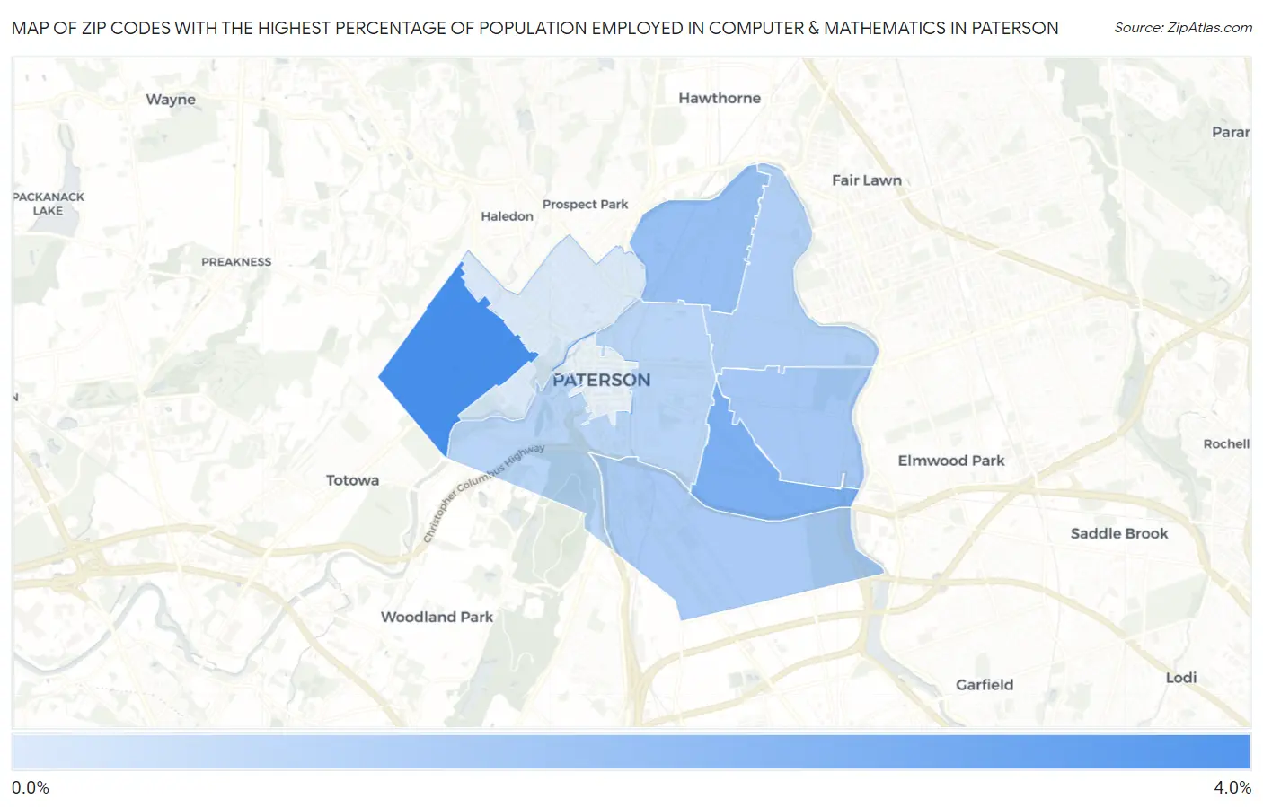 Zip Codes with the Highest Percentage of Population Employed in Computer & Mathematics in Paterson Map