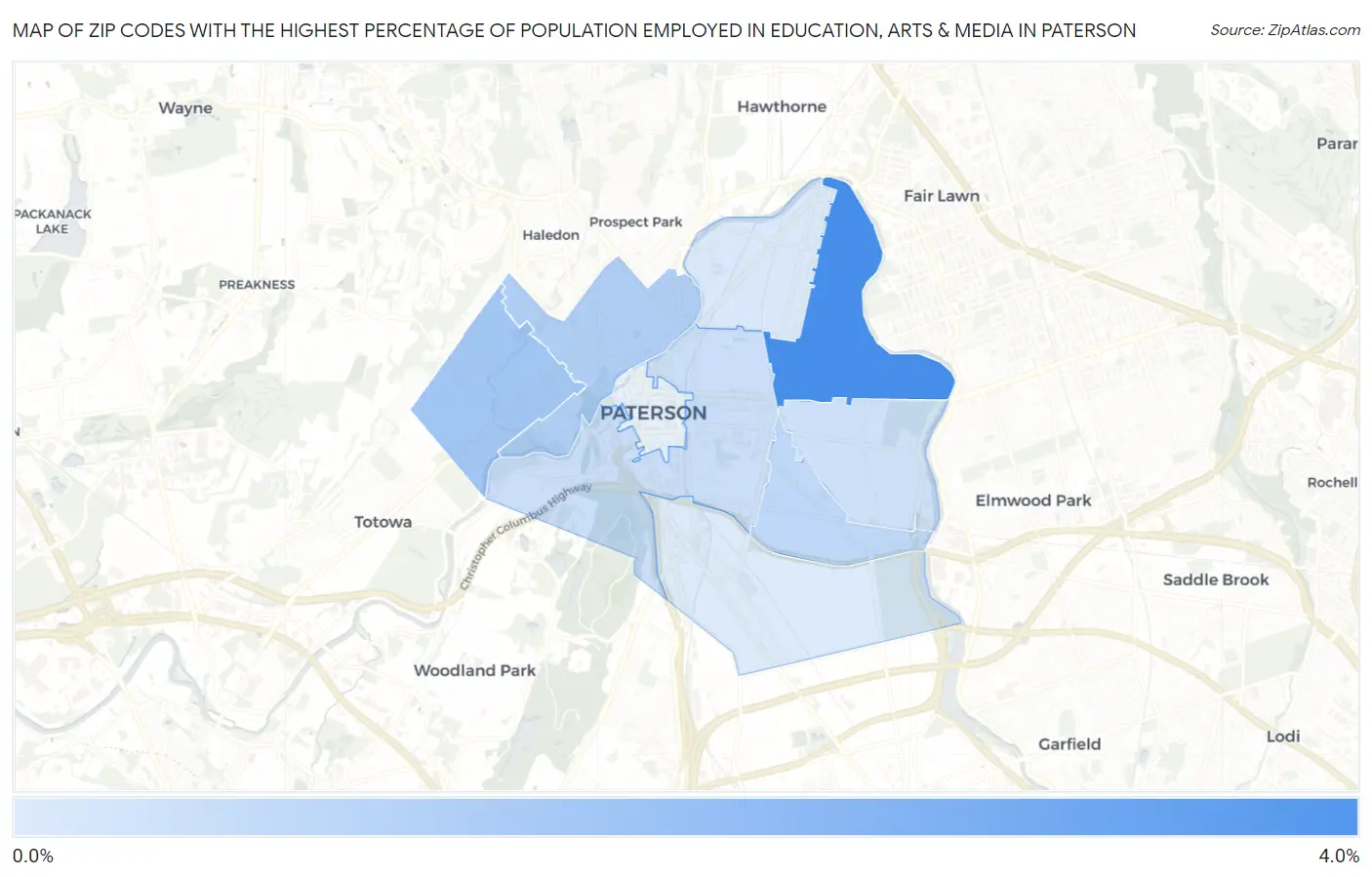 Zip Codes with the Highest Percentage of Population Employed in Education, Arts & Media in Paterson Map