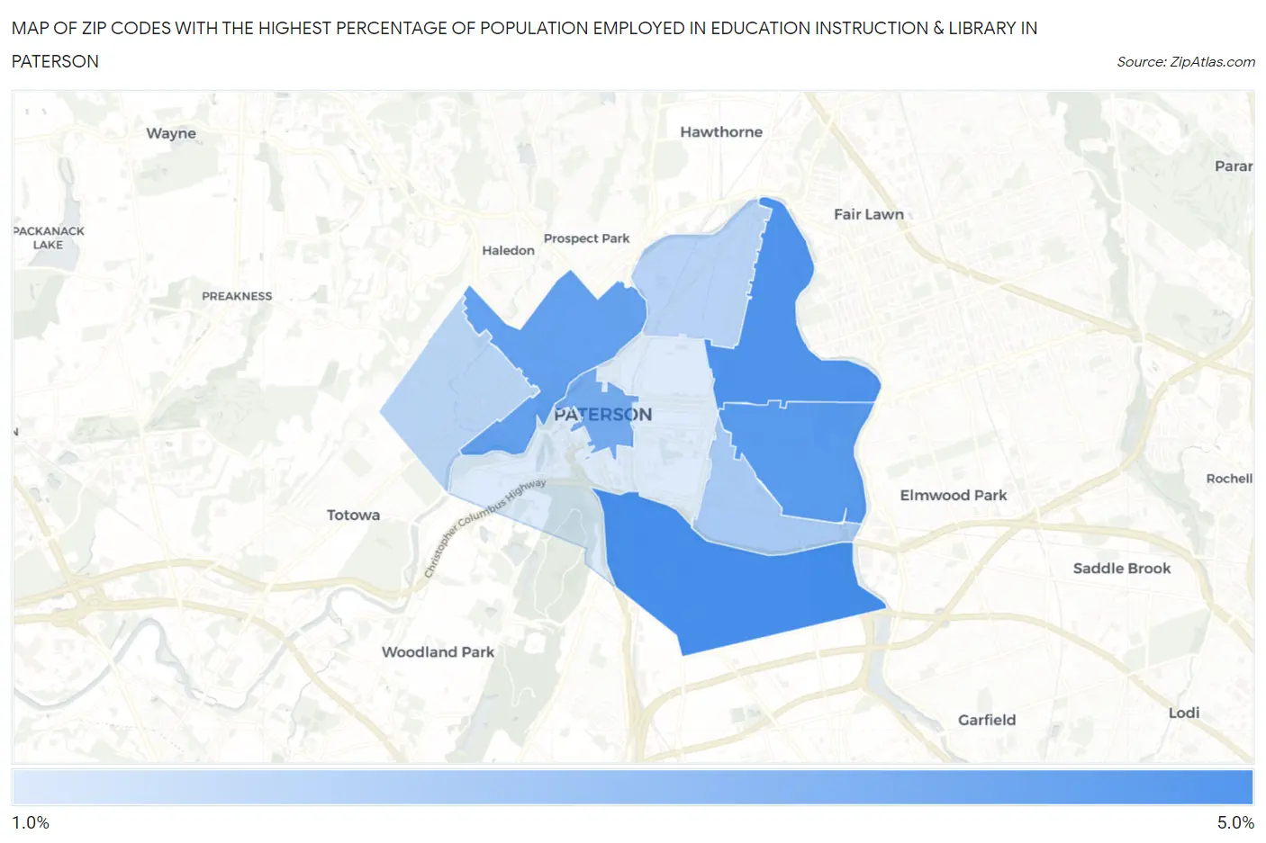 Zip Codes with the Highest Percentage of Population Employed in Education Instruction & Library in Paterson Map