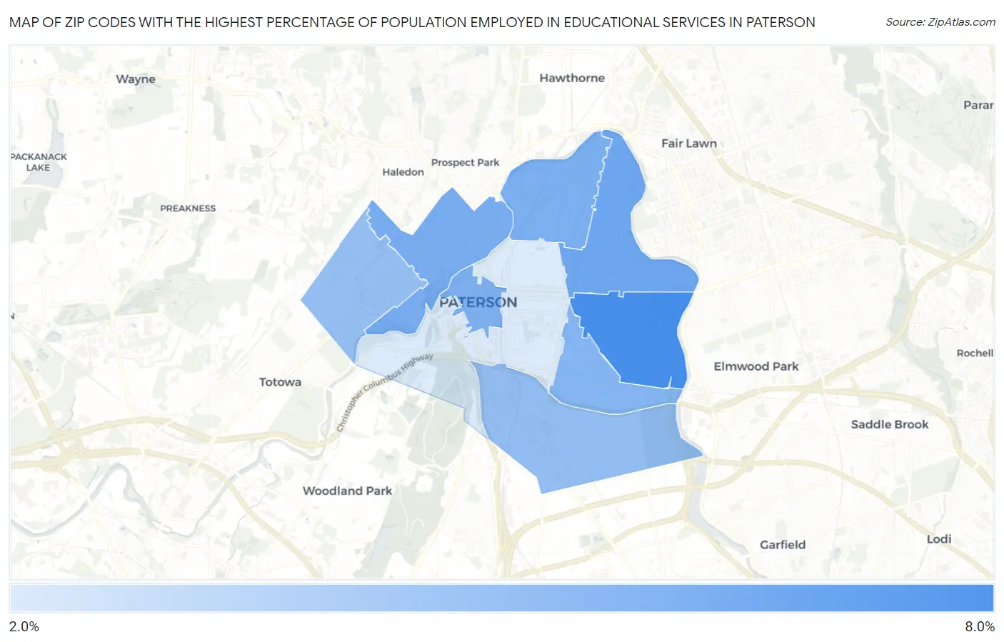 Zip Codes with the Highest Percentage of Population Employed in Educational Services in Paterson Map