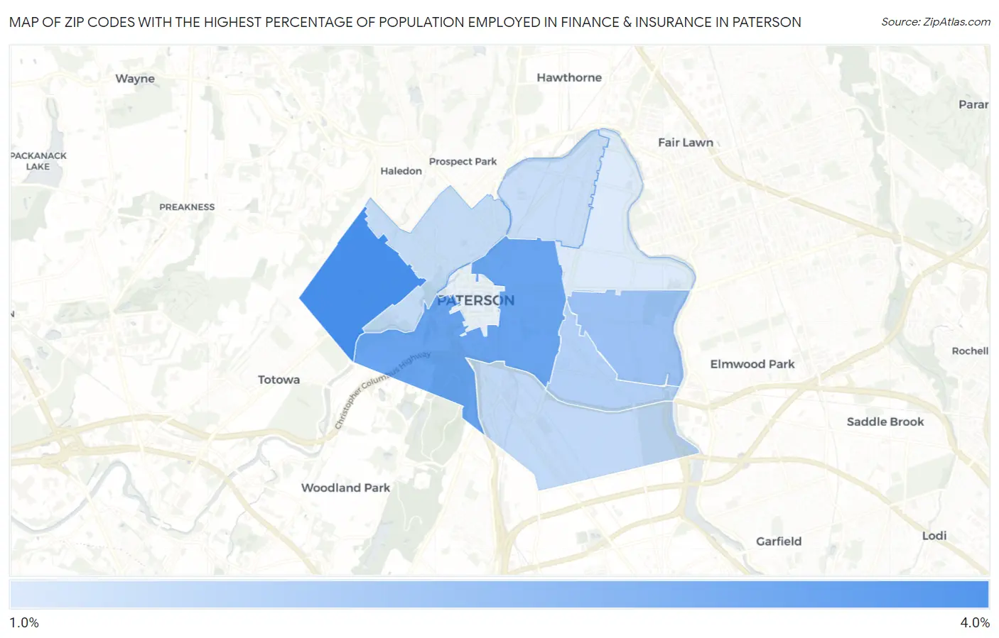 Zip Codes with the Highest Percentage of Population Employed in Finance & Insurance in Paterson Map