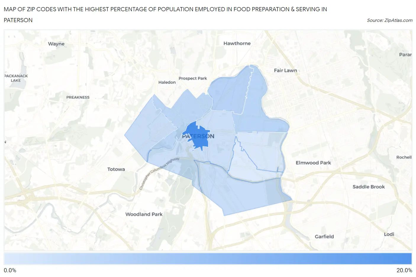 Zip Codes with the Highest Percentage of Population Employed in Food Preparation & Serving in Paterson Map