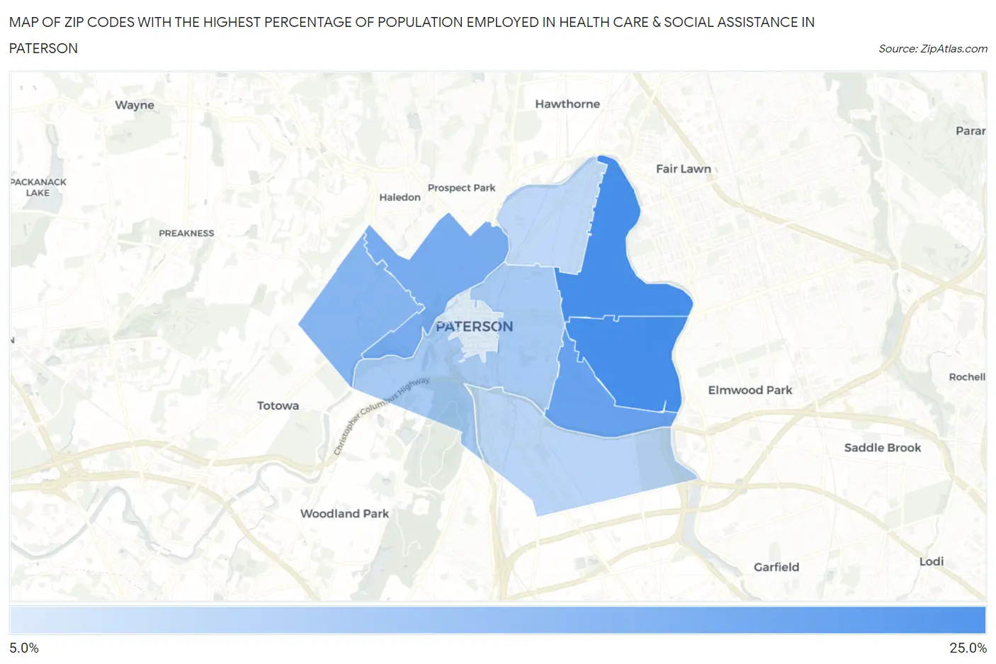 Zip Codes with the Highest Percentage of Population Employed in Health Care & Social Assistance in Paterson Map