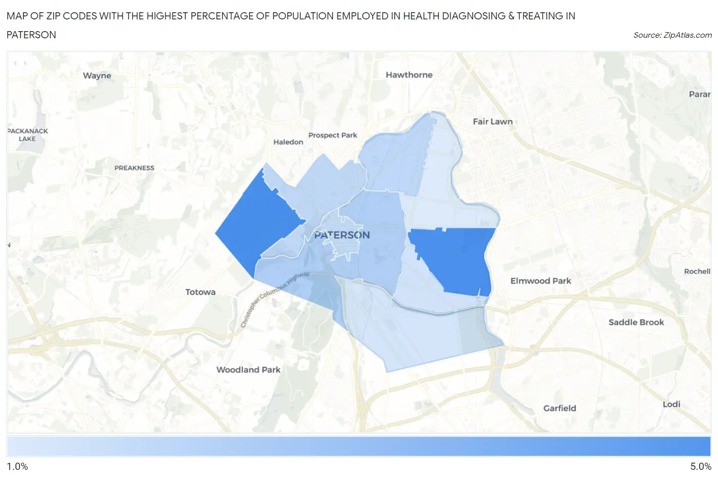 Zip Codes with the Highest Percentage of Population Employed in Health Diagnosing & Treating in Paterson Map