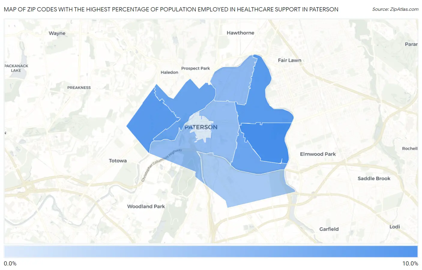 Zip Codes with the Highest Percentage of Population Employed in Healthcare Support in Paterson Map