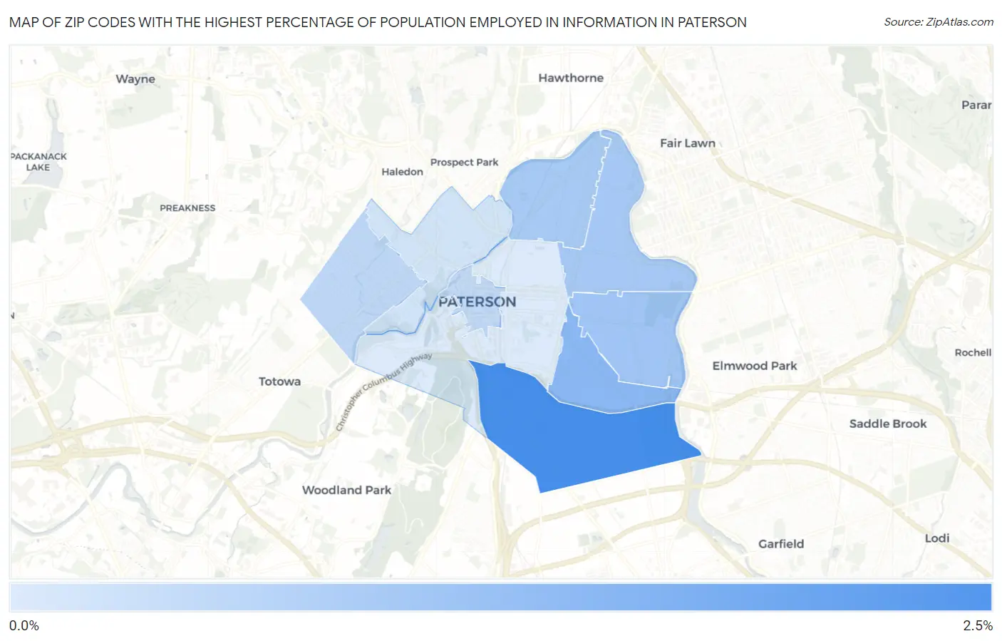 Zip Codes with the Highest Percentage of Population Employed in Information in Paterson Map
