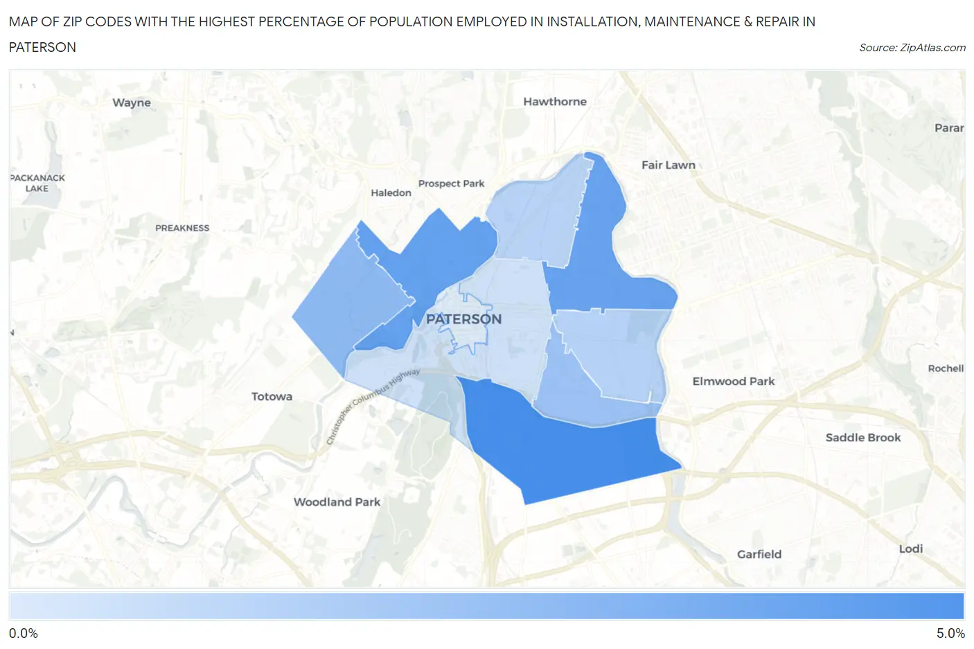 Zip Codes with the Highest Percentage of Population Employed in Installation, Maintenance & Repair in Paterson Map