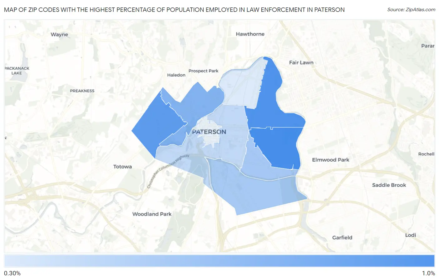 Zip Codes with the Highest Percentage of Population Employed in Law Enforcement in Paterson Map