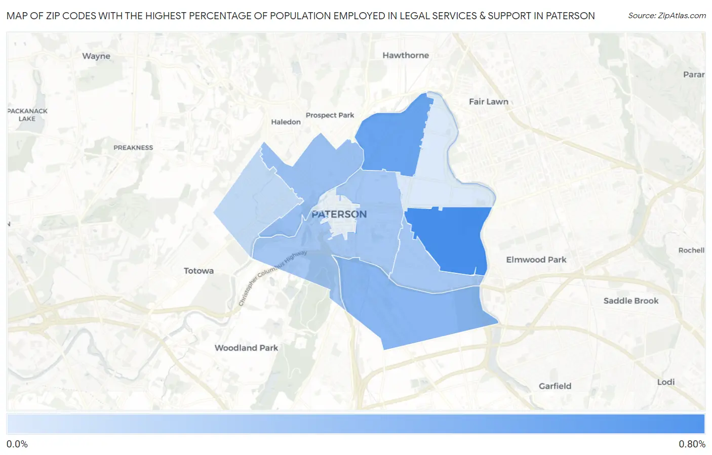 Zip Codes with the Highest Percentage of Population Employed in Legal Services & Support in Paterson Map