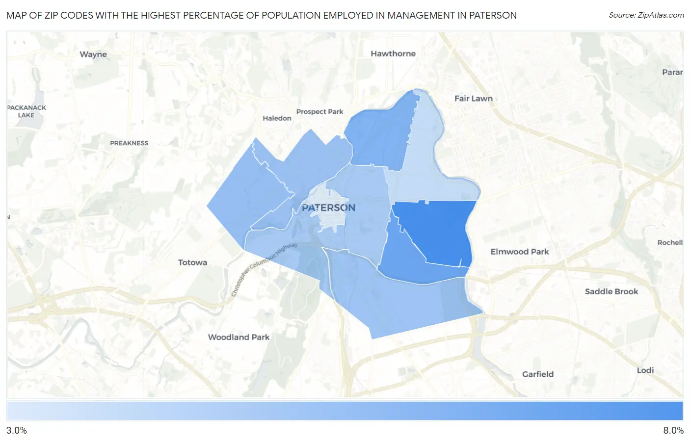 Zip Codes with the Highest Percentage of Population Employed in Management in Paterson Map