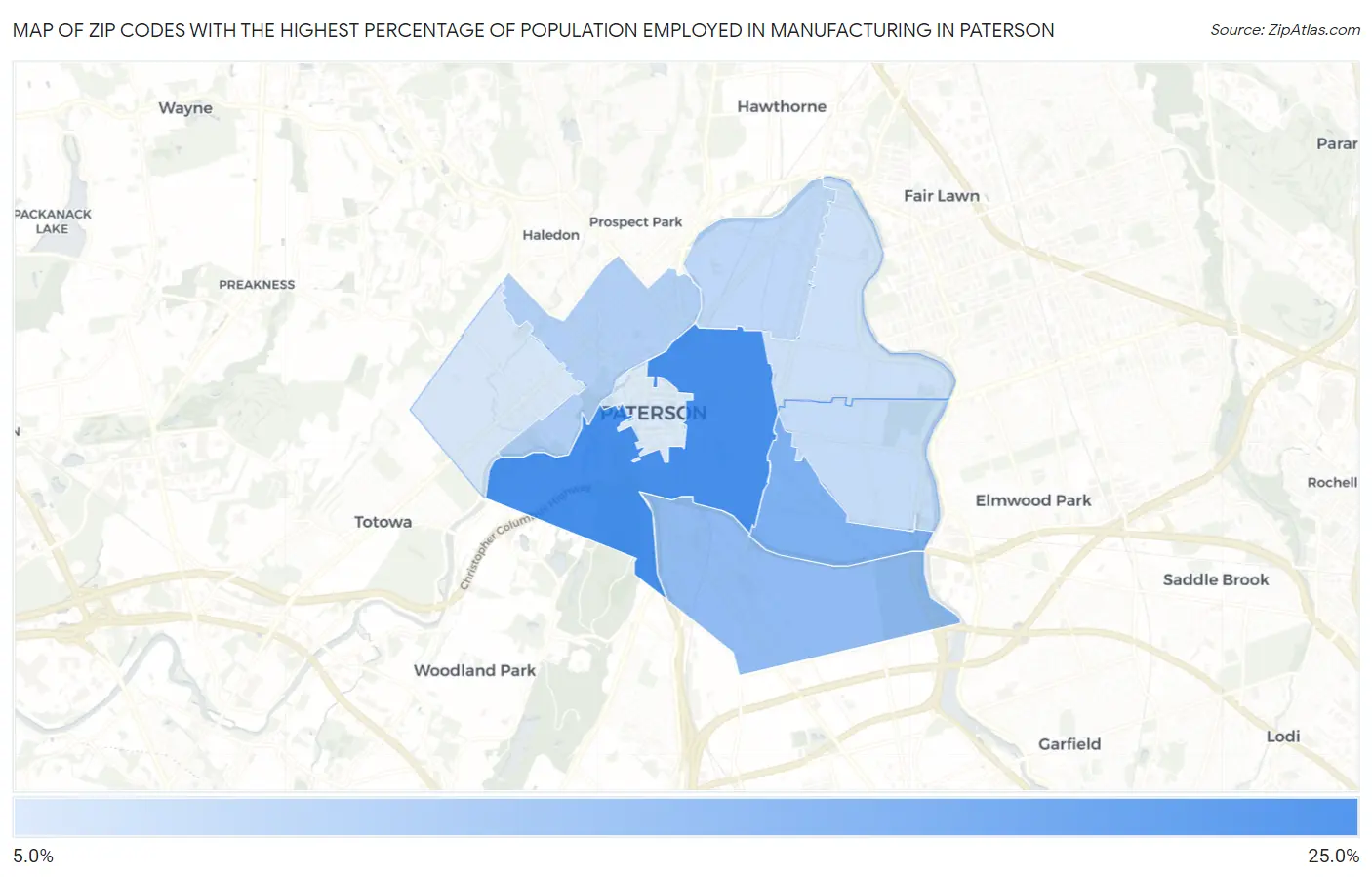 Zip Codes with the Highest Percentage of Population Employed in Manufacturing in Paterson Map